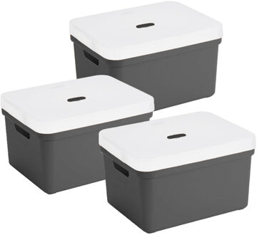 SunWare opbergbox met deksel - 3x - Sigma Home - kunststof - 5 liter - antraciet - opberg dozen