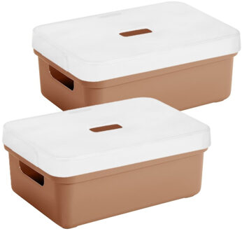 SunWare Opbergbox met transparante deksel - 2x stuks - terra - 9 liter - kunststof - 35x25x12