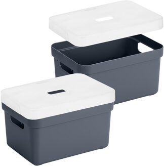SunWare Opbergbox met transparante deksel - 3x stuks - donkerblauw - 13 liter - kunststof - 35x25x18