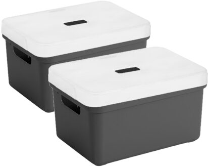 SunWare Opbergboxes manden - 2x - antraciet - 5L - kunststof - transparante deksel - 25x18x12 cm