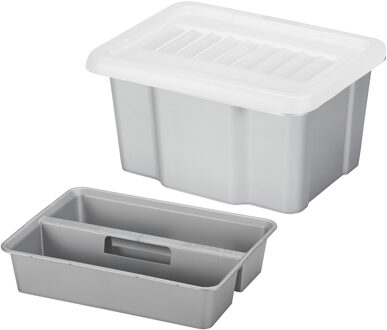 SunWare opslagbox kunststof 24 liter lichtgrijs 42 x 33 x 22 cm met deksel en organiser tray - Opbergbox