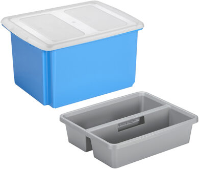 SunWare opslagbox kunststof 32 liter blauw 45 x 36 x 24 cm met deksel en organiser tray - Opbergbox