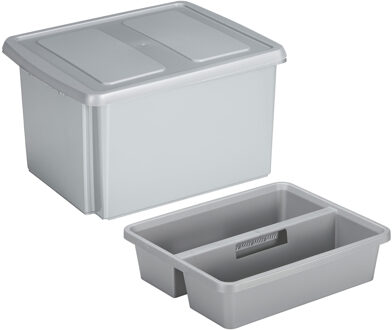 SunWare opslagbox kunststof 32 liter lichtgrijs 45 x 36 x 24 cm met deksel en organiser tray - Opbergbox