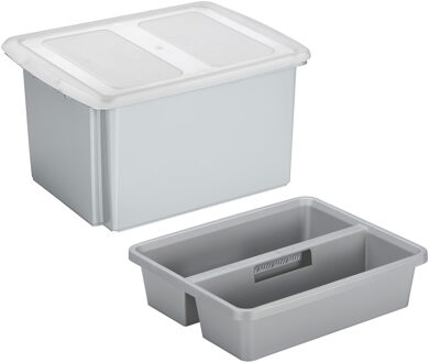 SunWare opslagbox kunststof 32 liter lichtgrijs 45 x 36 x 24 cm met deksel en organiser tray
