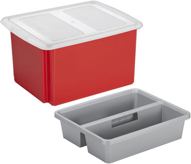 SunWare opslagbox kunststof 32 liter rood 45 x 36 x 24 cm met deksel en organiser tray - Opbergbox