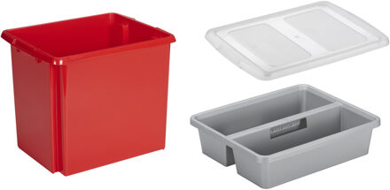 SunWare opslagbox kunststof 45 liter rood 45 x 36 x 36 cm met deksel en organiser tray - Opbergbox