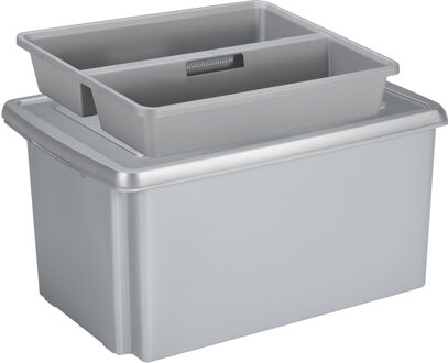 SunWare opslagbox kunststof 51 liter grijs 59 x 39 x 29 cm met deksel en organiser tray - Opbergbox