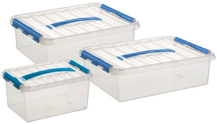 SunWare Q-Line opberg boxen set - 3 maten - 6-10-12 liter - kunststof - transparant/blauw
