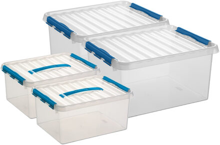 SunWare Q-Line opberg boxen set 4x stuks - 2 maten - 15 en 36 liter - kunststof - transparant/blauw
