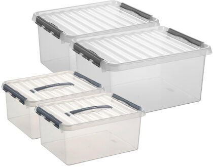 SunWare Q-Line opberg boxen set 4x stuks - 2 maten - 15 en 36 liter - kunststof - transparant/grijs