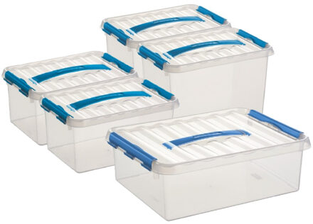 SunWare Q-Line opberg boxen set 5x stuks - 3 maten - 6-9-12 liter - kunststof - transparant/blauw