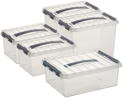 SunWare Q-Line opberg boxen set 5x stuks - 3 maten - 6-9-12 liter - kunststof - transparant/grijs