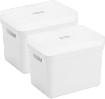 SunWare Set van 2 opbergboxen/opbergmanden wit van 18 liter kunststof met transparante deksel