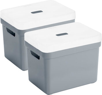 SunWare Set van 2x opbergboxen/opbergmanden blauwgrijs van 18 liter kunststof met transparante deksel