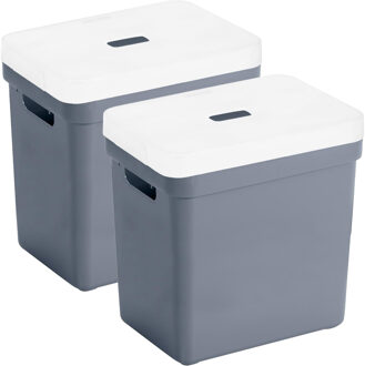 SunWare Set van 2x opbergboxen/opbergmanden donkerblauw van 25 liter kunststof met transparante deksel