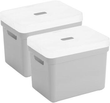 SunWare Set van 2x opbergboxen/opbergmanden lichtgrijs van 18 liter kunststof met transparante deksel
