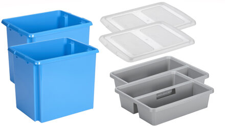 SunWare Set van 2x opslagbox kunststof 45 liter blauw 45 x 36 x 36 cm met deksel en organiser tray - Opbergbox