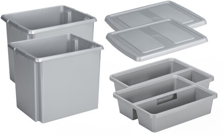 SunWare Set van 2x opslagbox kunststof 45 liter lichtgrijs 45 x 36 x 36 cm met deksel en organiser