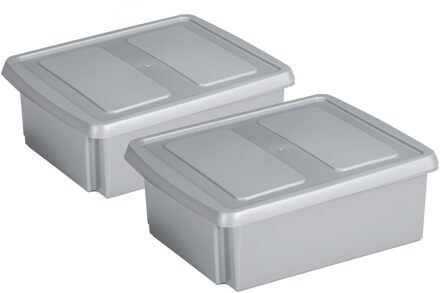 SunWare set van 2x opslagboxen kunststof 17 liter lichtgrijs 45 x 36 x 14 cm met deksel