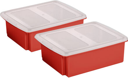 SunWare set van 2x opslagboxen kunststof 17 liter rood 45 x 36 x 14 cm met deksel - Opbergbox