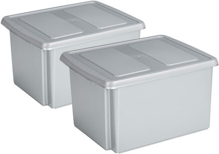 SunWare set van 2x opslagboxen kunststof 32 liter lichtgrijs 45 x 36 x 24 cm met deksel