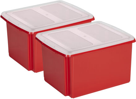 SunWare set van 2x opslagboxen kunststof 32 liter rood 45 x 36 x 24 cm met deksel - Opbergbox