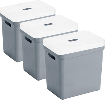 SunWare Set van 3x opbergboxen/opbergmanden blauwgrijs van 25 liter kunststof met transparante deksel