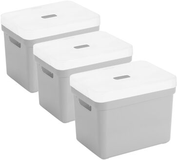 SunWare Set van 3x opbergboxen/opbergmanden lichtgrijs van 18 liter kunststof met transparante deksel