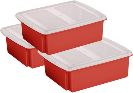 SunWare set van 3x opslagboxen kunststof 17 liter rood 45 x 36 x 14 cm met deksel - Opbergbox