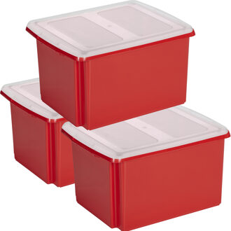 SunWare set van 3x opslagboxen kunststof 32 liter rood 45 x 36 x 24 cm met deksel - Opbergbox