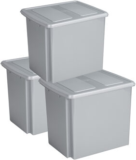 SunWare Set van 3x opslagboxen - kunststof - 45 liter - lichtgrijs - 45 x 36 x 36 cm - met deksel