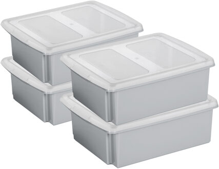 SunWare set van 4x opslagboxen kunststof 17 liter lichtgrijs 45 x 36 x 14 cm met deksel