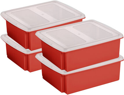 SunWare set van 4x opslagboxen kunststof 17 liter rood 45 x 36 x 14 cm met deksel - Opbergbox