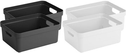 SunWare Set van 4x stuks opbergboxen/opbergmanden 24 liter kunststof antraciet en wit - Opbergbox Multikleur