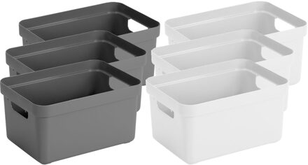 SunWare Set van 6x stuks opbergboxen/opbergmanden 5 liter kunststof wit en antraciet - Opbergbox Multikleur