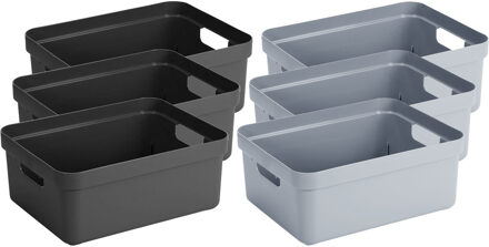 SunWare Set van 8x stuks opbergboxen/opbergmanden 24 liter kunststof zwart en blauwgrijs