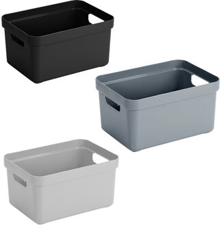 SunWare Set van 9x stuks opbergboxen/opbergmanden 5 liter kunststof zwart/lichtgrijs/blauw