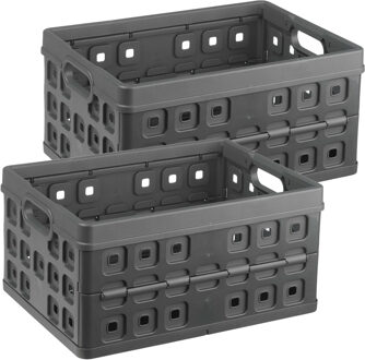 SunWare Vouwkrat - 2x - antraciet - kunststof - 49 x 36 x 24,5 cm - 32L - inklapbare boodschappenkratten