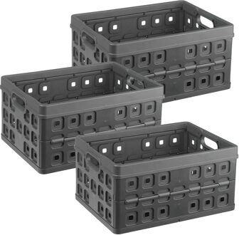 SunWare Vouwkrat - 3x - antraciet - kunststof - 49 x 36 x 24,5 cm - 32L - inklapbare boodschappenkratten