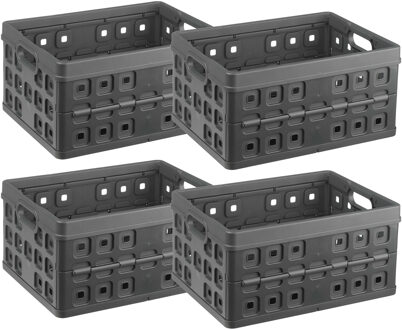 SunWare Vouwkrat - 4x - antraciet - kunststof - 49 x 36 x 24,5 cm - 32L - inklapbare boodschappenkratten