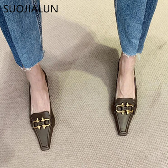 SUOJIALUN Fashion Brand Design Buckle Women Pumps Square Toe Slip On Work Shoes Low Heel Spring Autumn Party Wedding Shoes