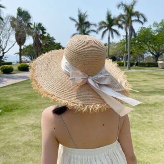 Super Chapeau Handgemaakte Vrouwen Raffia Strooien Hoed Zomer Strand Zonnehoed Black Bow Lint Cap Platte Stro Hoeden Meisjes Outdoor gorros champagne lint