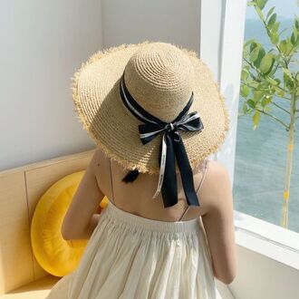 Super Chapeau Handgemaakte Vrouwen Raffia Strooien Hoed Zomer Strand Zonnehoed Black Bow Lint Cap Platte Stro Hoeden Meisjes Outdoor gorros zwart lint