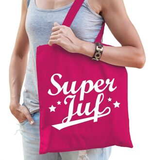 Super juf bedankje cadeau tas katoen fuchsia roze - Feest Boodschappentassen