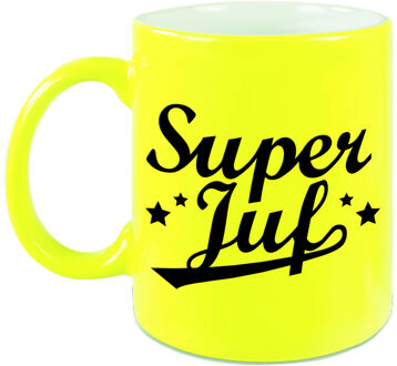 Super juf beker / mok neon geel 330 ml - afscheidscadeau / bedankt cadeau - feest mokken