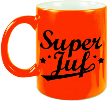 Super juf beker / mok neon oranje 330 ml - afscheidscadeau / bedankt cadeau - feest mokken