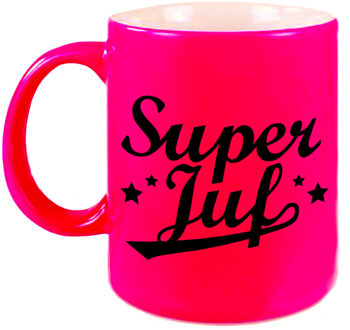 Super juf beker / mok neon roze 330 ml - afscheidscadeau / bedankt cadeau - feest mokken