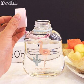 Super Leuke Flamingo Patroon Glas Water Fles Met Riem Lekvrije Glas Sap Fles Modieuze Glas B Blauw
