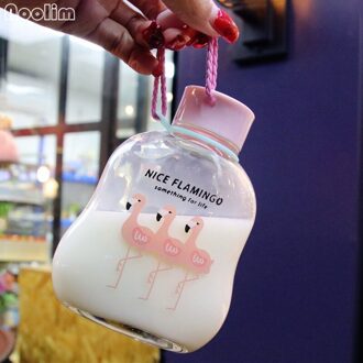 Super Leuke Flamingo Patroon Glas Water Fles Met Riem Lekvrije Glas Sap Fles Modieuze Glas B groen