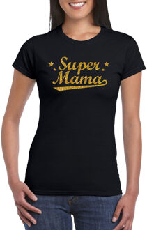 Super mama cadeau t-shirt met gouden glitters op zwart voor dames XL